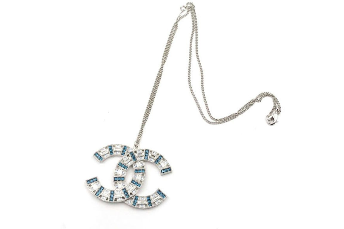 Chanel Crystal Pendant Necklace Large Light Blue/Silver